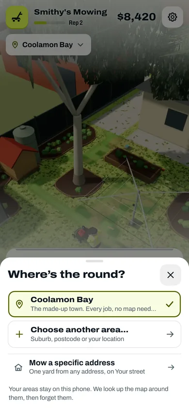 The area sheet over HQ, headed Where’s the round?: Coolamon Bay, the made-up town, is ticked; below it Choose another area by suburb, postcode or your location, and Mow a specific address.
