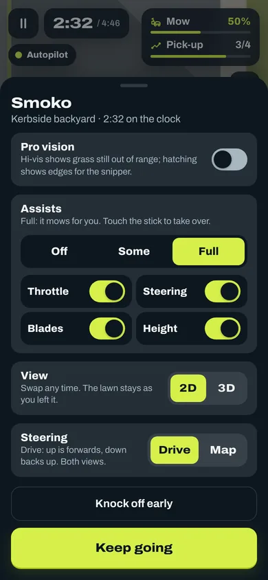The pause sheet, Smoko, in dark mode: Assists set to Full with Throttle, Steering, Blades and Height switched on, the View toggle between 2D and 3D, and Steering as Drive or Map.
