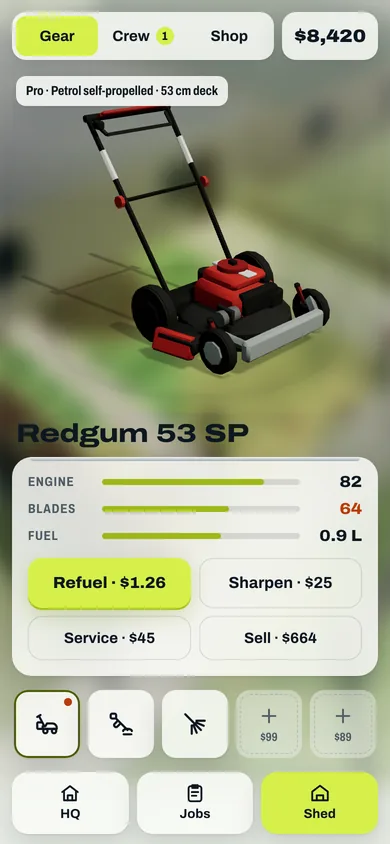 The Shed’s Gear tab in light mode: the Redgum 53 SP push mower large in 3D, with rails for engine, blades and fuel, and Refuel, Sharpen, Service and Sell buttons.