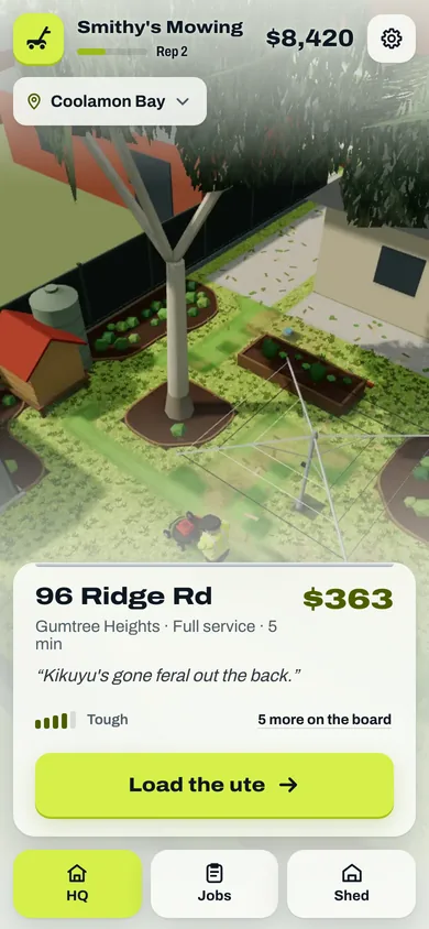 HQ for Smithy’s Mowing in light mode: cash $8,420 and Rep 2 at the top, the next yard behind frosted glass, and a card for 96 Ridge Rd, Gumtree Heights, a full-service job for $363, with a Load the ute button.
