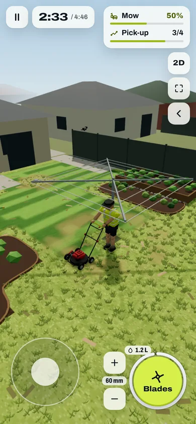 Mowing a backyard in 3D: the operator in a hi-vis shirt behind a red push mower, light and dark stripes across the lawn behind, a Hills hoist and vegie beds by the fence. The HUD shows the clock, Mow 50%, Pick-up 3 of 4, and the Blades button.