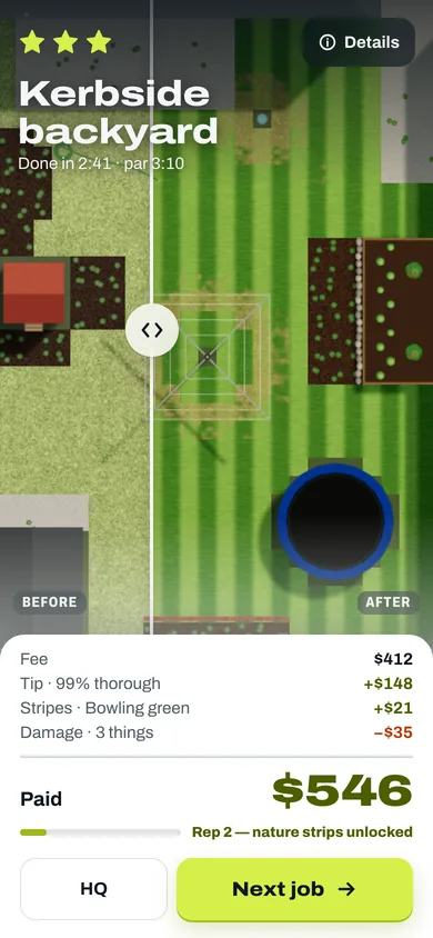 Results for a Kerbside backyard: three stars, a before-and-after slider over the yard from above, and the invoice: fee $412, a tip for 99% thorough, a stripes bonus, $35 off for three things hit, $546 paid.