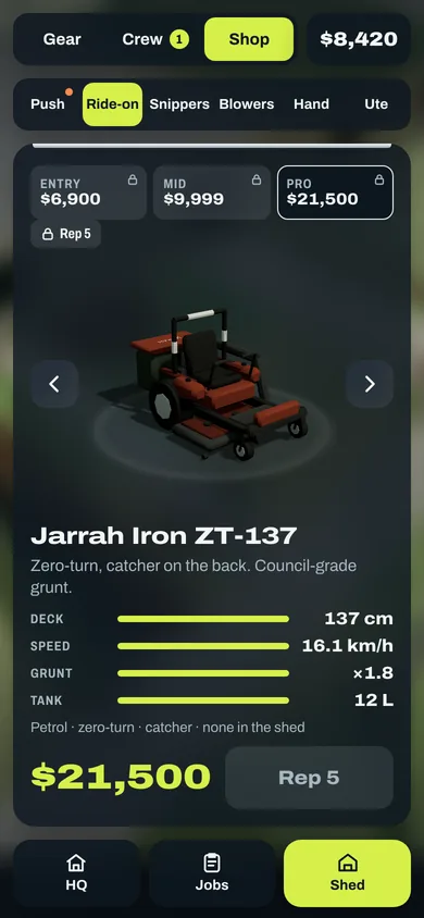 The Shed’s Shop in dark mode, on Ride-on: Entry $6,900, Mid $9,999 and Pro $21,500 across the top, the Jarrah Iron ZT-137 zero-turn in 3D on a turntable, and rails for deck, speed, grunt and tank.