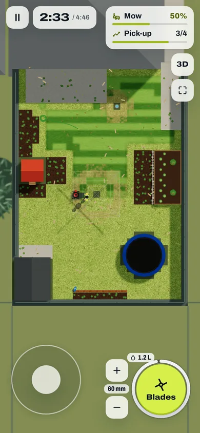 The same backyard from straight above: stripes across the mown half, garden beds along the fences, a shed and a trampoline, with the HUD over the top.